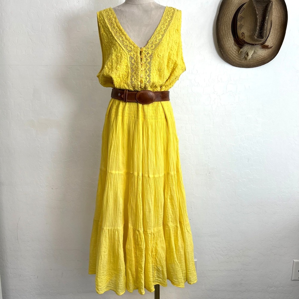Mlle Gabrielle Yellow Cotton Gauze Lace Tiered Maxi Dress Plus Size 2X